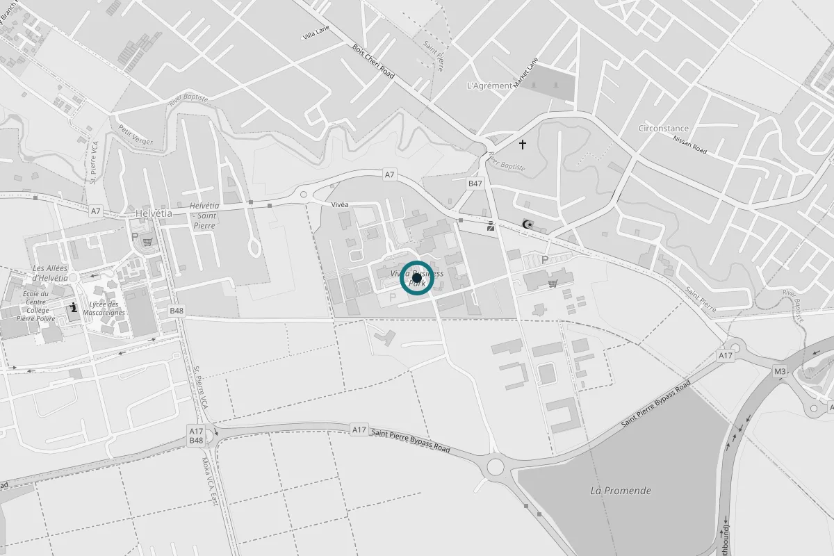 Street map of Moka, Mauritius, marking Vivea Business Park