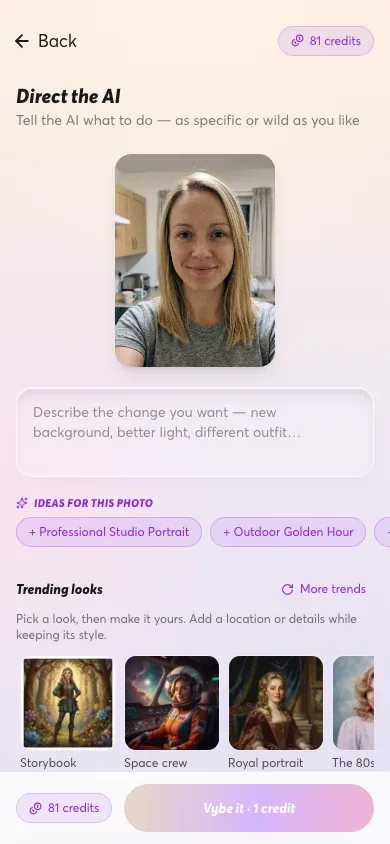 The Vybe AI studio: the photo, ideas for it and a row of Looks to pick from